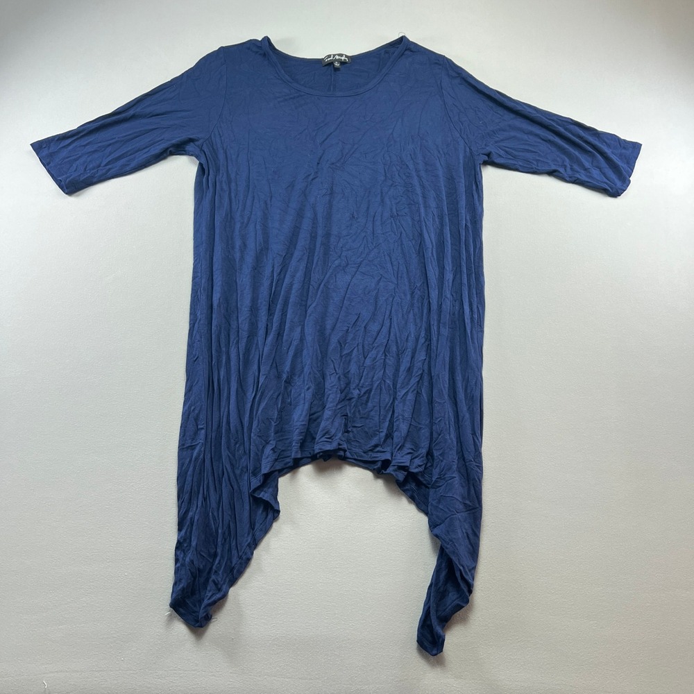 French Atmosphere Tunic Top Womens 2X Navy Blue Rayon Stretch Asymmetrical Hem